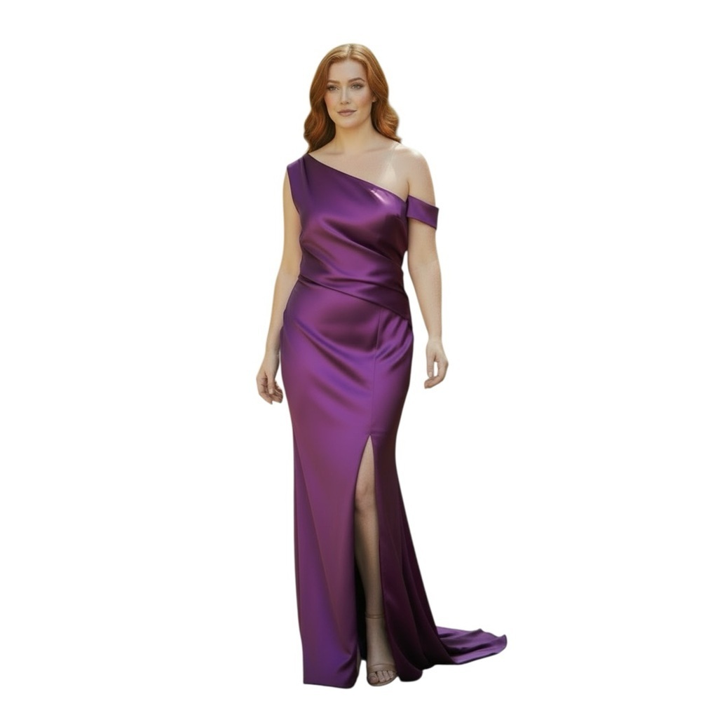 One-Shoulder Satin Evening Gown in Purple
